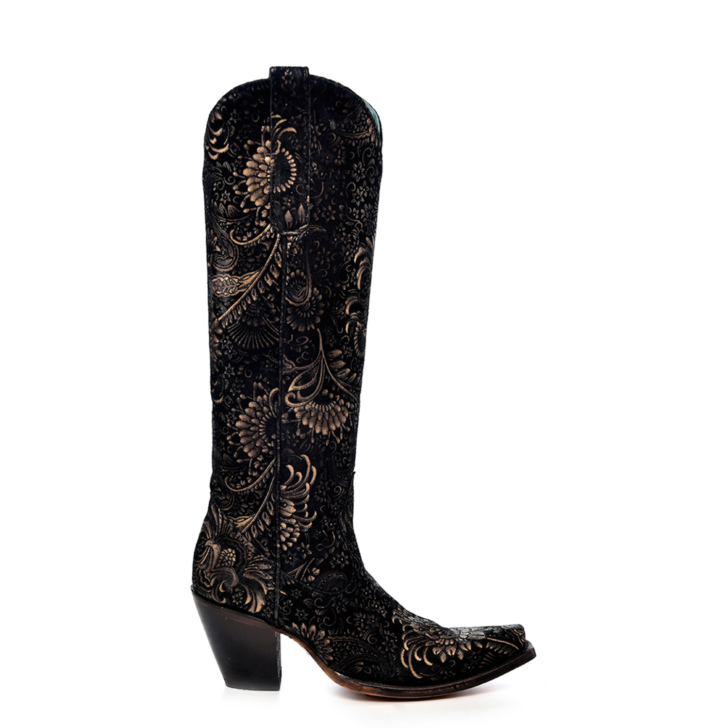 Pre-owned Corral Boots Corral Womens Gold Stamped Floral Snip Toe Black Cowhide 16in Cowboy Boots