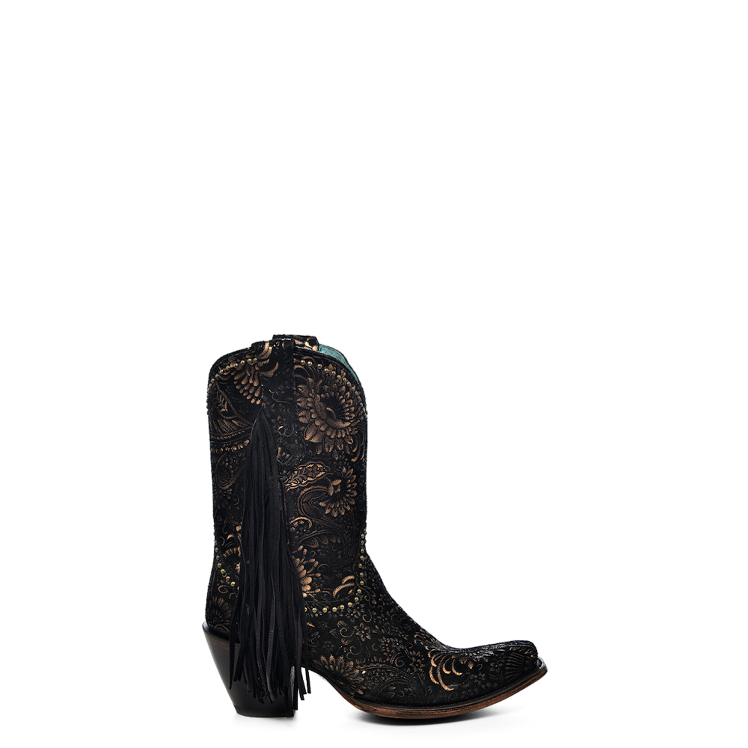 Pre-owned Corral Boots Corral Womens Gold Stamped Fringe Square Toe Black Cowhide 9.5in Ankle Boots