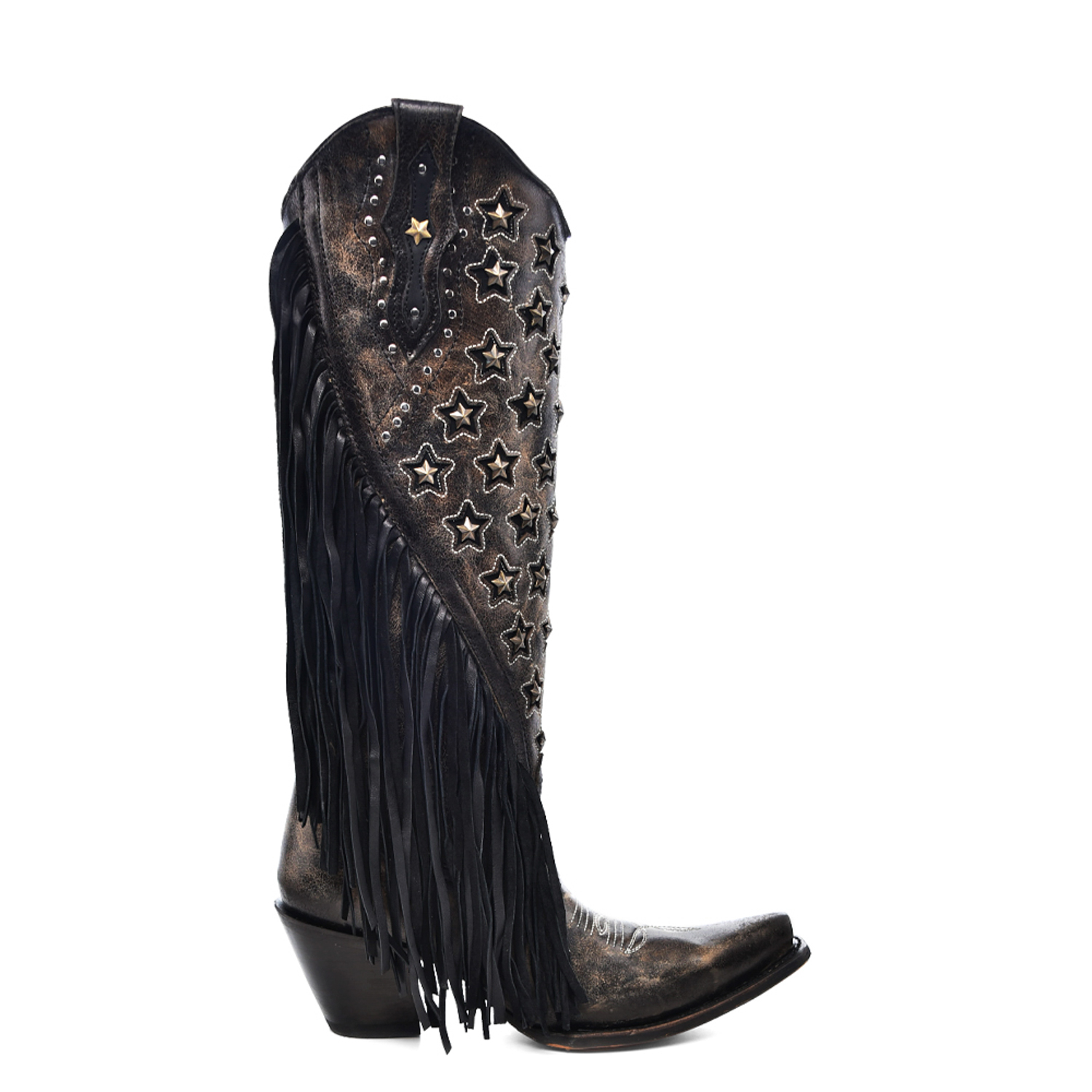 Click to view more detailed imagery on our partner's website Pre-owned Corral Boots Corral Womens Stars Inlay Lamb Fringe Black Cowhide 15.5in Cowboy Boots