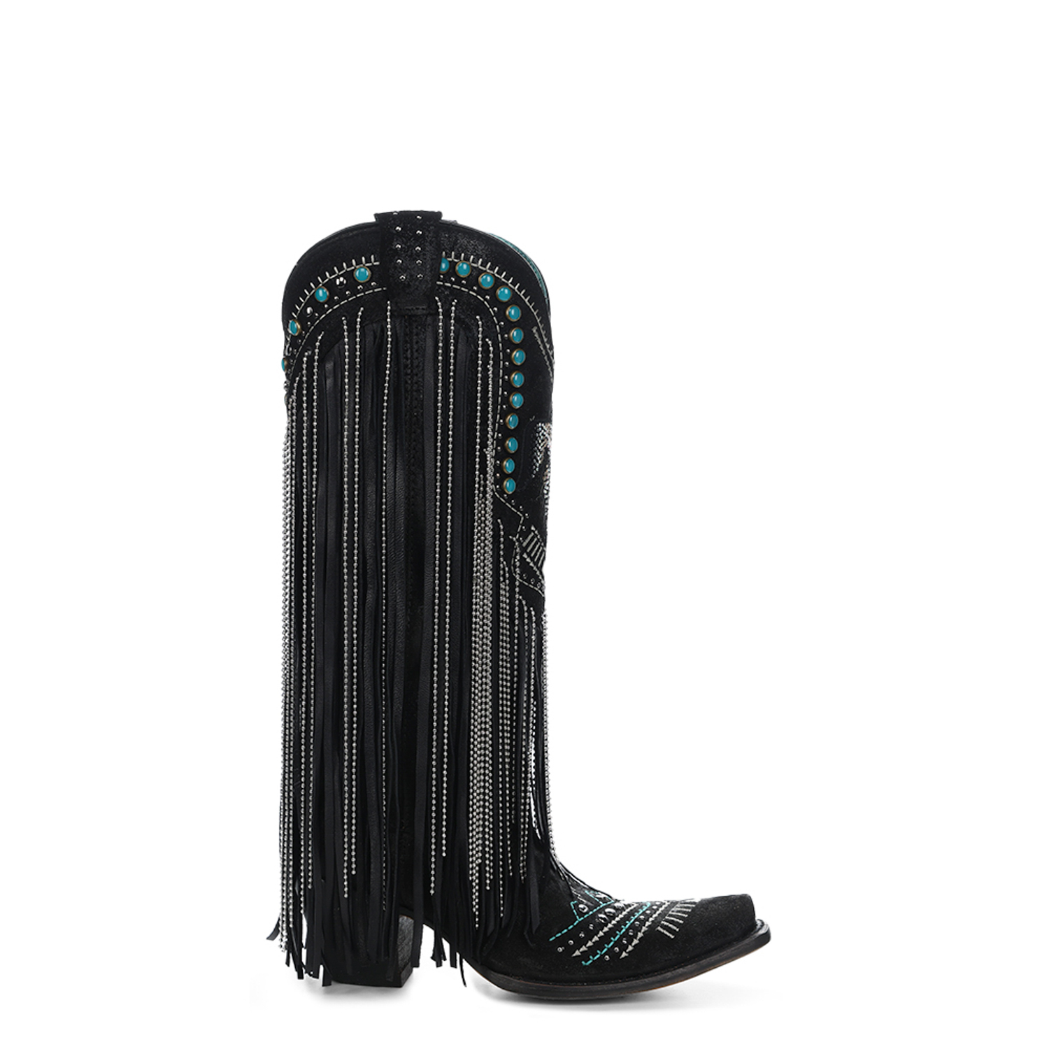Pre-owned Corral Boots Corral Womens Crystal Eagle Lamb Fringe Black Cowhide 14in Cowboy Boots