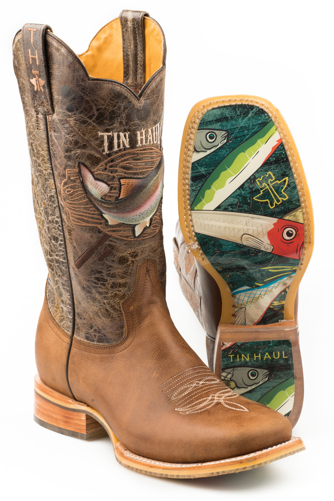 Click to view more detailed imagery on our partner's website Pre-owned Tin Haul Mens Brown/tan Leather Alpha Angler Cowboy Boots