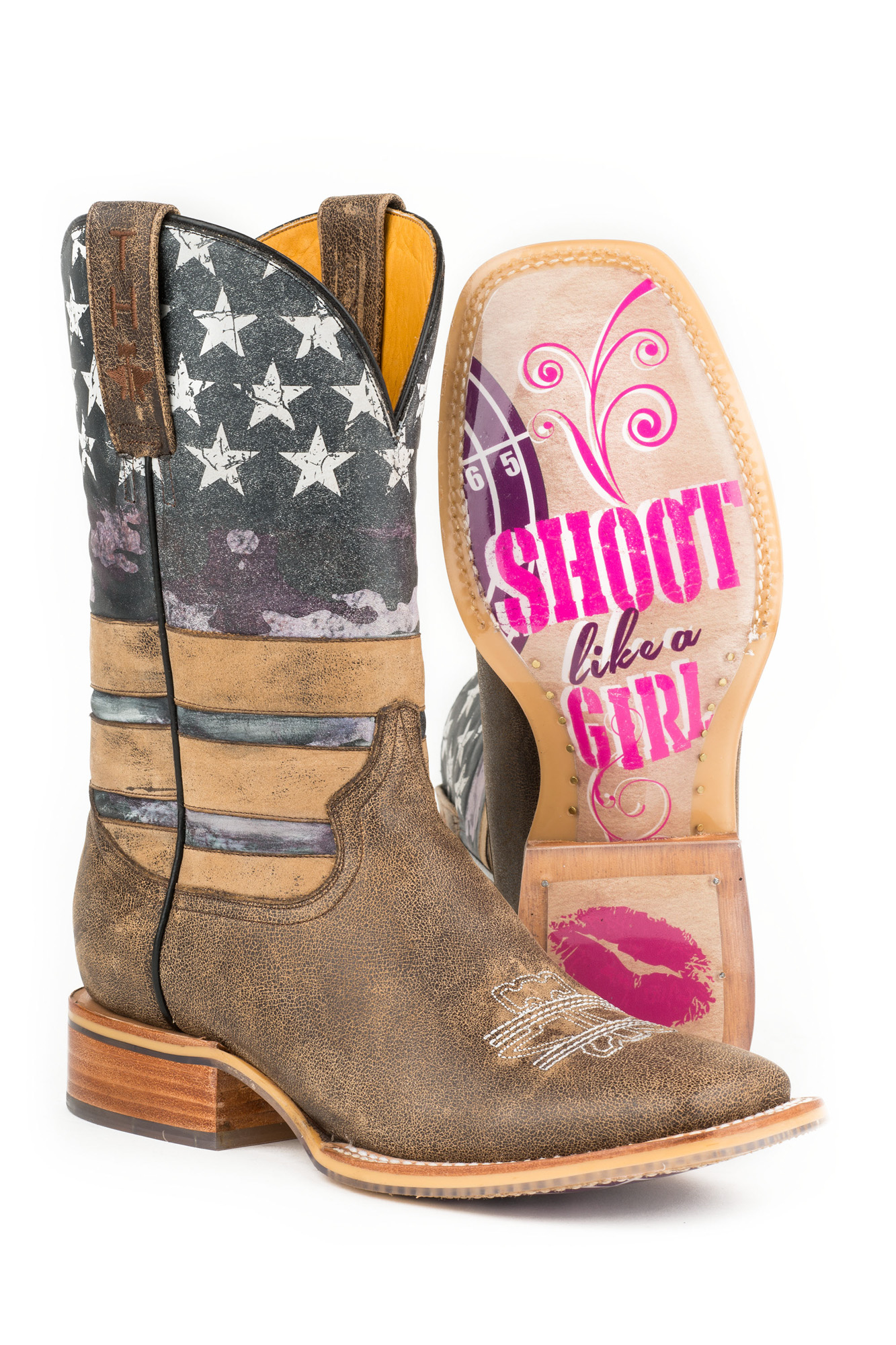 Pre-owned Tin Haul Shoot Like A Girl Ladies Multi Leather Usa Flag Cowboy Boots In Multicolor