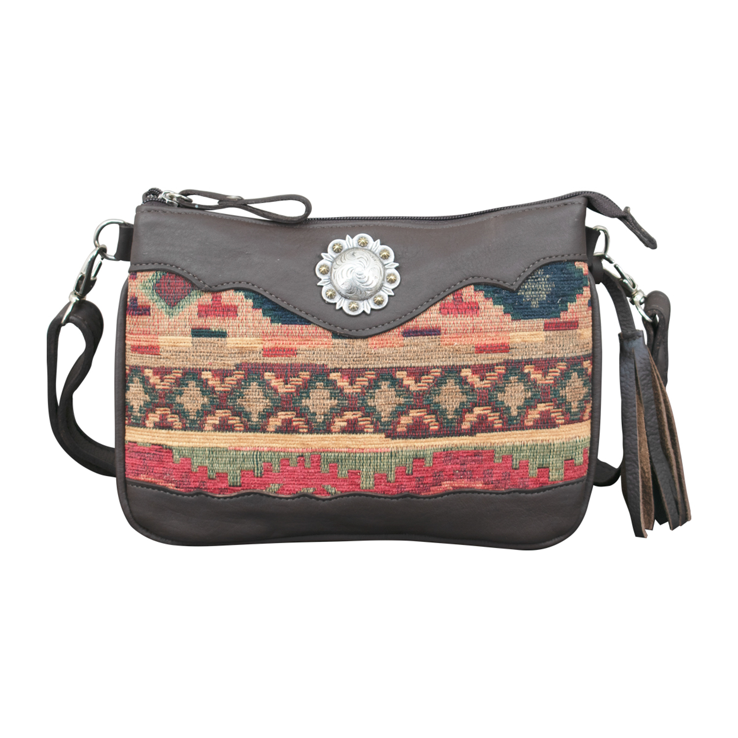 American West Womens Santa Fe Tapestry Multi-Color Leather Crossbody Bag OS