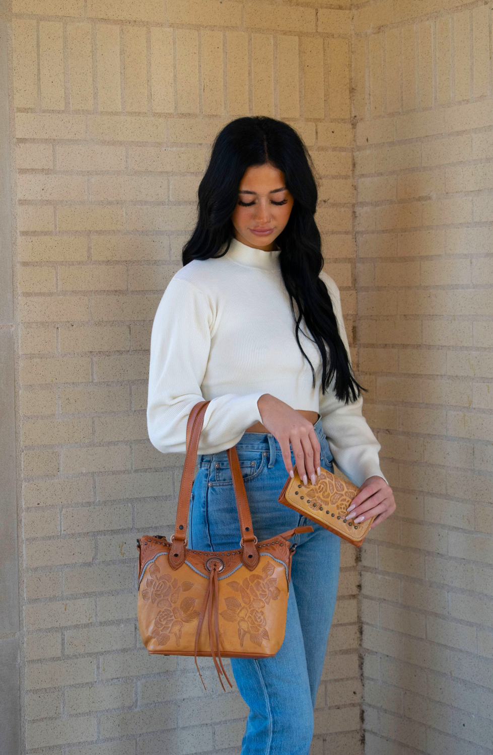 American West Womens Texas Rose 11.5in Natural Tan Leather Handbag Bag OS