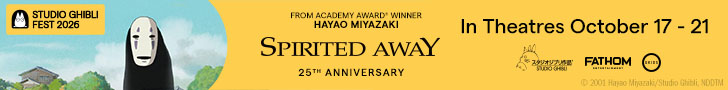 Banner for Studio Ghibli Fest 2026 featuring artwork from Spirited Away, including No-Face on the left and a yellow background with text reading “FROM ACADEMY AWARD® WINNER HAYAO MIYAZAKI,” “SPIRITED AWAY,” “25TH ANNIVERSARY,” and “In Theatres October 17 - 21.”