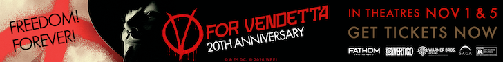 Promotional poster for V for Vendetta 20th Anniversary, with a red-and-black design featuring the Guy Fawkes mask, a woman holding a dagger, and the words Remember, remember the 5th of November and For Vendetta. Along the bottom it says Back in theaters Nov 1 & 5.