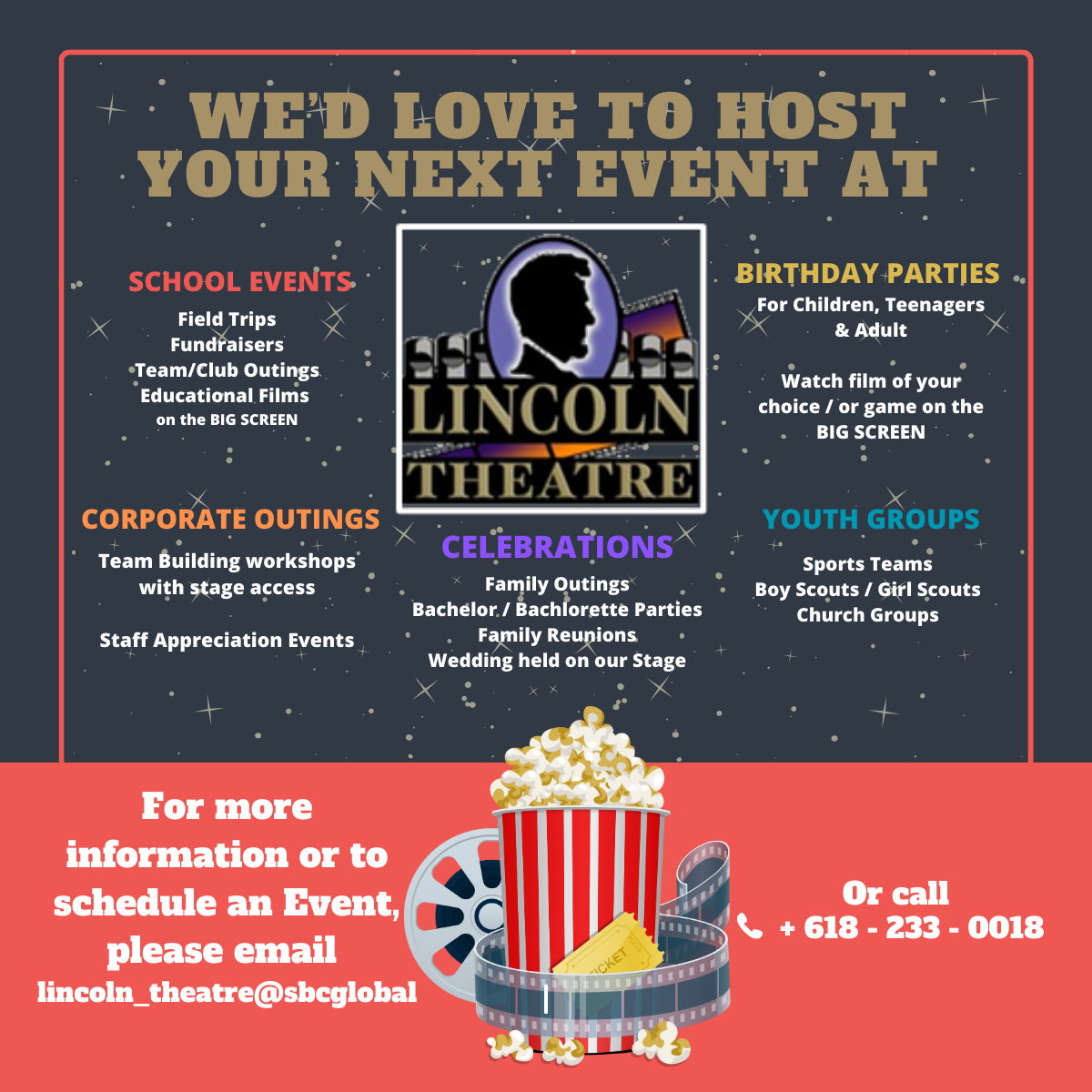 Info Graphic showing all the different rental things the Lincoln Theatre weddings, corporate presentations, youth group outings and schoolss