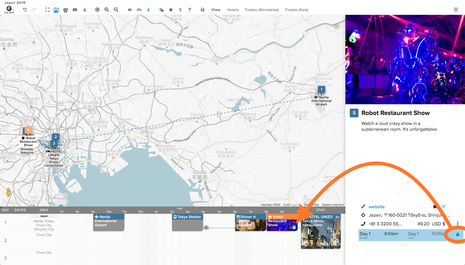 lock activity timing on travel itinerary
