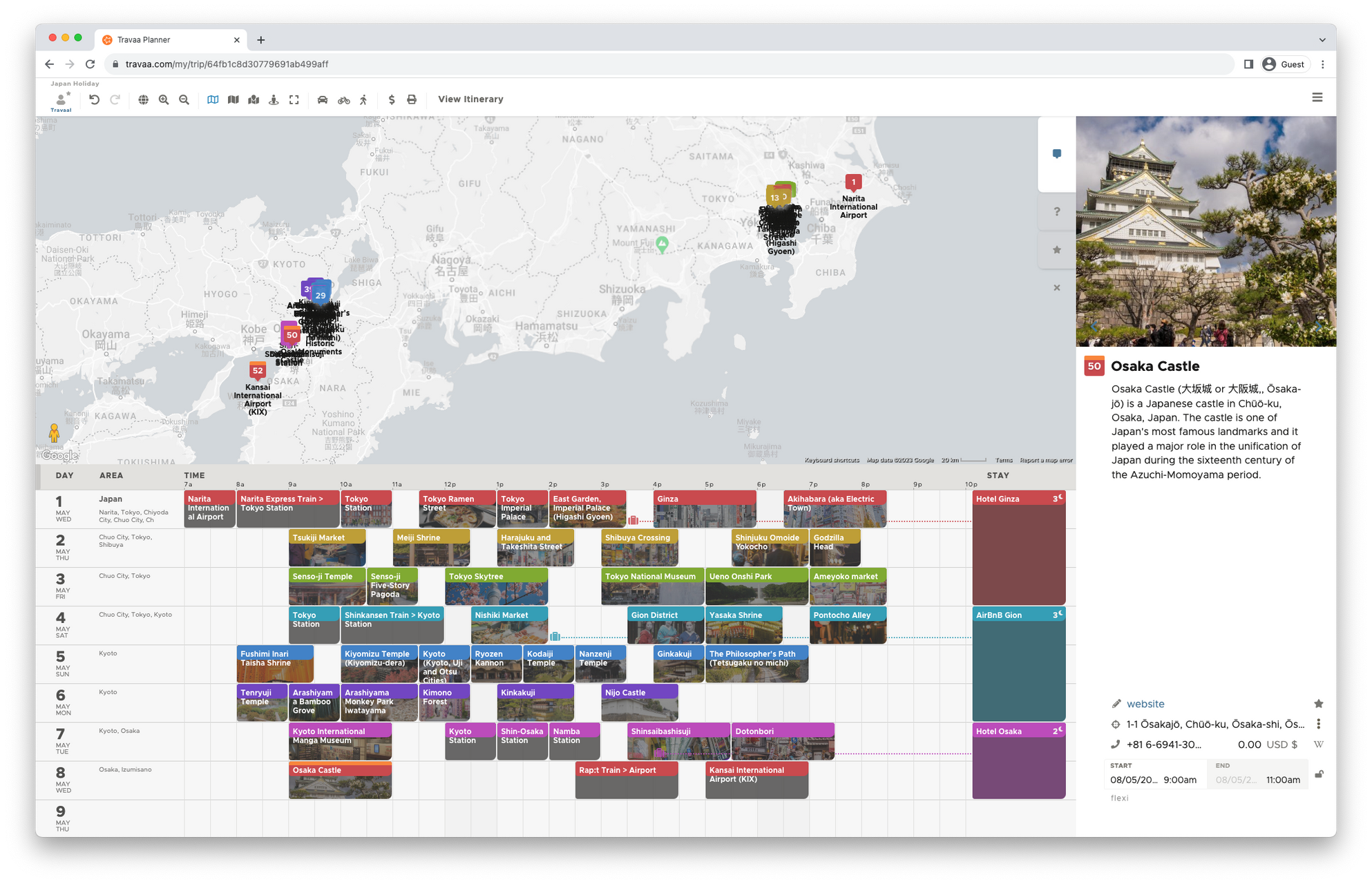 a completed travel itinerary