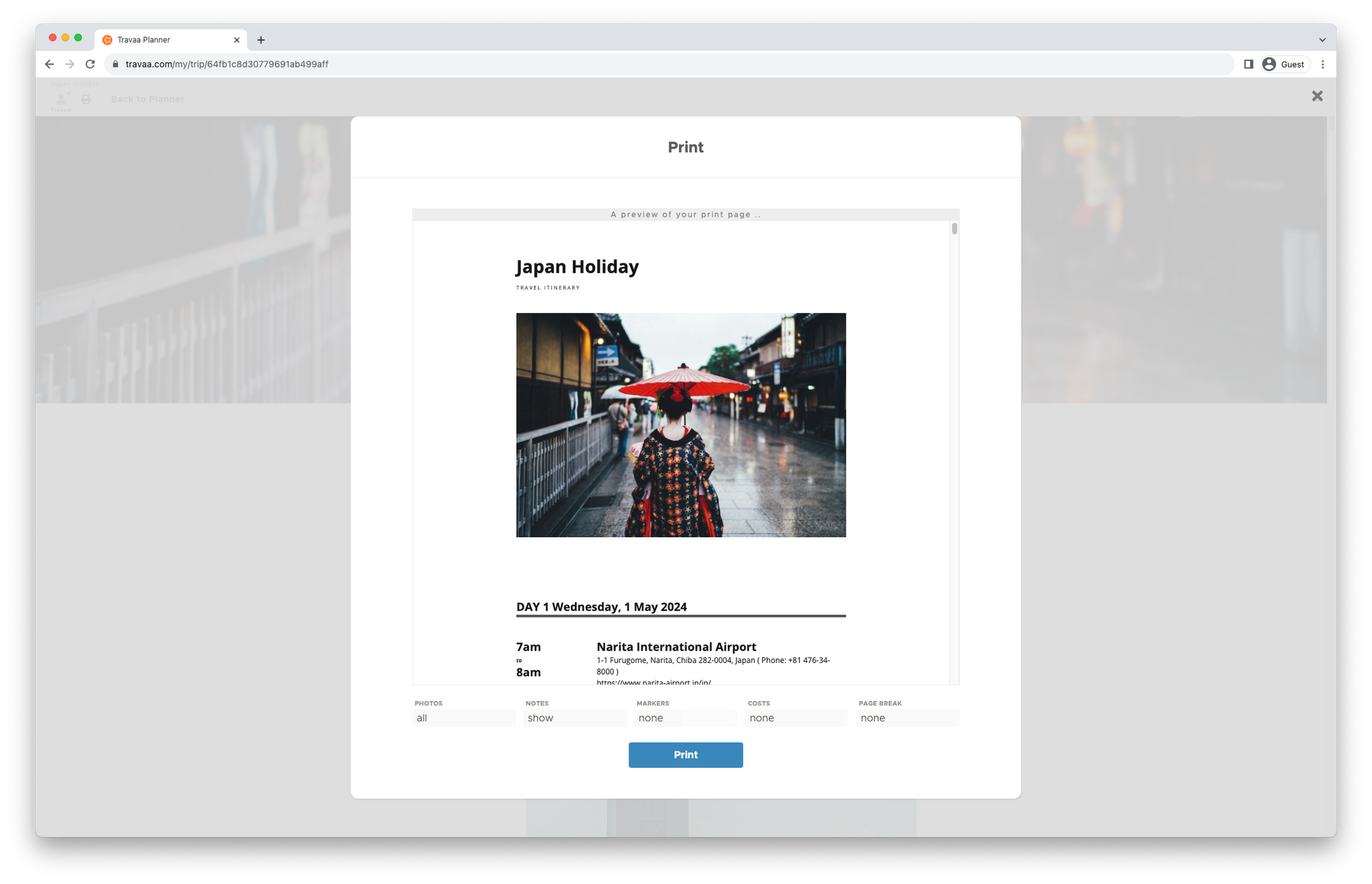 printing  your travel itinerary