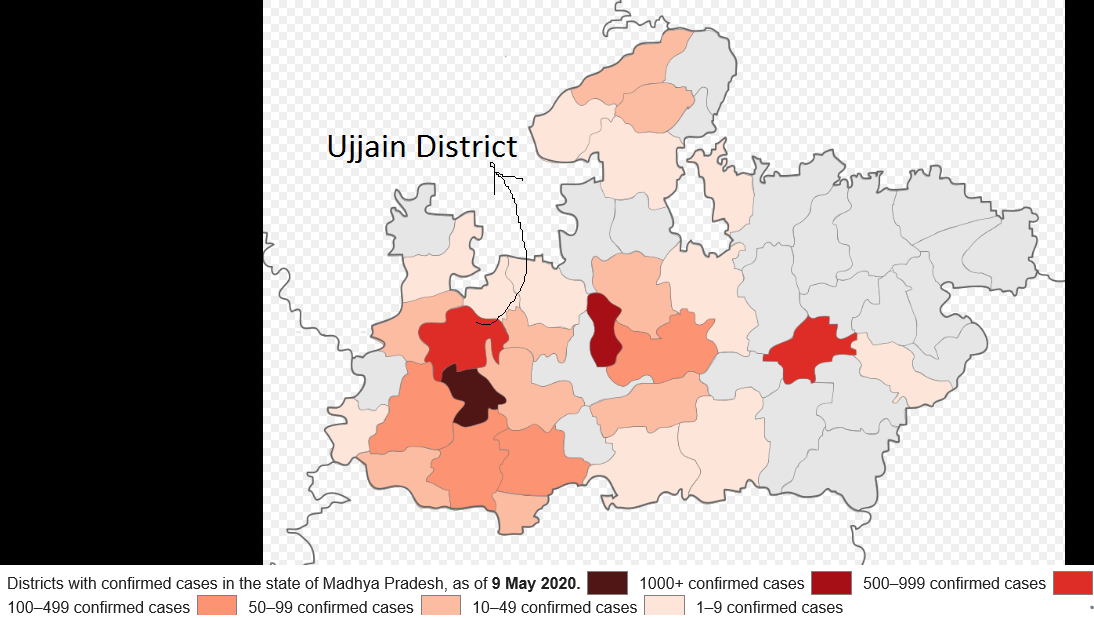 District with confirmed cases in state of Madhya Pradesh
