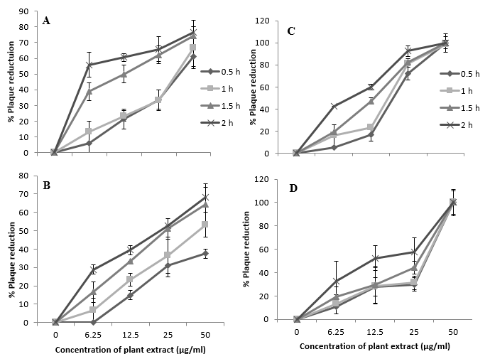 Effectsof S.pauciflorum and L. trinervis 50% ethanolic (A and C) and aqueous extracts (B and D respectively) on attachment assay of HSV-2: Prechilled Vero cells were infected with 200 PFU of HSV-2 in presence or absence of serial dilution of the extracts at different time period at 4oC. S. pauciflorum 50% ethanolic extract showed 76.32% inhibition at 50 µg ml-1 concentration. On the other hand aqueous extract demonstrated 68.42% inhibition at 50 µg ml1 concentration with respect to cell control. L. trinervis both extract showed ≥ 90% inhibition at 50 µg ml-1 concentration. The results showed that HSV attachment was significantly inhibited at concentration and time dependent (IC50 values 7.56 and 11.74µgml-1 in 50%ethanolic and aqueous extract respectively at 50 µg ml-1 concentration).