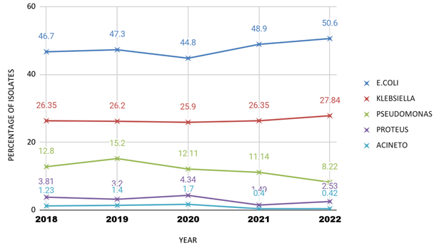 Prevalent gram negative bacilli in UTI (2018-2022)