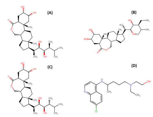 Chemical structure of the following compounds (A) Brassinolide; (B) 28-Homocastasterone; (C) 24-epibrassinolide (24-EB); and (D) Hydroxychloroquine (HCQ)