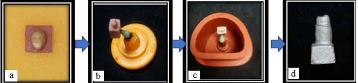a: Prepared tooth; b: Prepared tooth sprued; c: Invested; d: Co-Cr metal die of prepared tooth.
