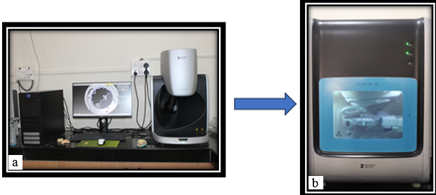 a: Metal die scan with extraoral scanner (Dentsply Sirona); b: Milling machine (In lab MC X5).