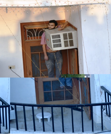 A boy hanging from window and AC