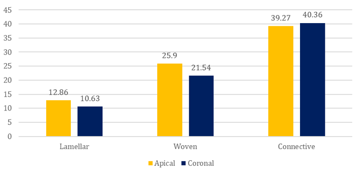 Comparison of bone tissue in the apical and coronal aspect of the bone core sample