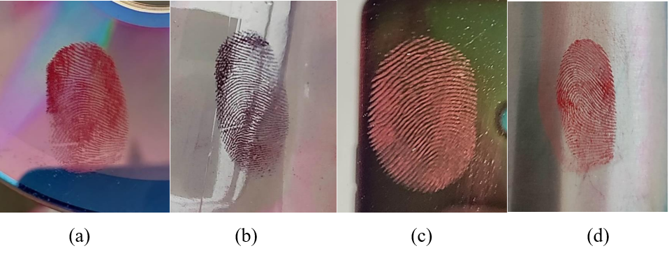 Fingerprint developed on a) CD, b) Glass bottle, c) Mirror, d) Steel Bottle