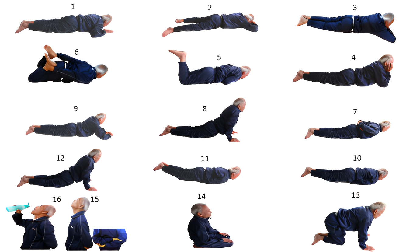 Summarization of different posture to treat where: Posture 1 Relaxed body lying in prone (Makar asana in yoga science) Posture 2 Relaxed body in prone with hands under forehead, Posture 3 Relaxed body in prone with hands under chin, Posture 4 Relaxed body in prone with head raised on palms, Posture 5 Relaxed body in prone with knees flexed, Posture 6 Relaxed body in prone with legs pulled by hands, Posture 7 Raised head and chest, hands near forehead, Posture 8 Raised body, hands under shoulders., Posture 9 Raised head and chest, forearms kept across back, Posture 10 Raise both legs, with fists under groin, Posture 11 Raise both legs and trunk, fists under groin, Posture 12 Raise head and trunk during rising in bed, Posture 13 Raise head and trunk and buttock - hand knee position, Posture 14 Sitting between heels, Posture 15 watch in standing with forearms across back, Posture 16 Drinking water with extended neck