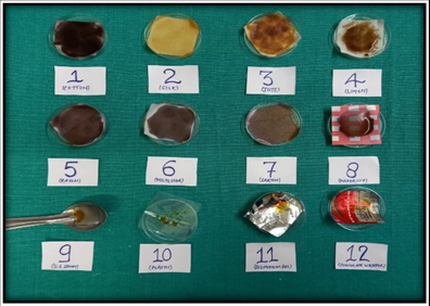 Group A1: Study items subjected to 0.5 ml of Lugol’s iodine solution after a period of 12 hours and colour change is noted.
