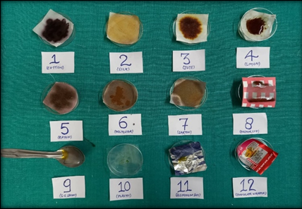 Group A4: Study items subjected to 0.5 ml of lugol’s iodine solution after a period of 7 days and colour change is noted.