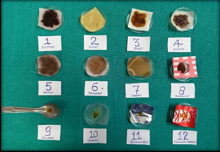 Group B: Study items washed thoroughly with distilled water allowed to dry at room temperature& then subjected to Lugol’s iodine and colour change is noted.