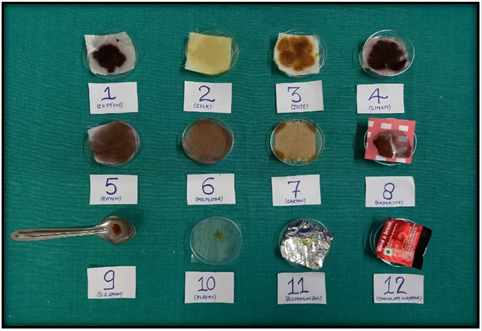 Group D: Study items washed thoroughly with detergents (1 gm of commercially available detergents Tide to be mixed in 500 ml of water) allowed to dry at room temperature & then subjected to Lugol’s iodine solution and colour change is noted.