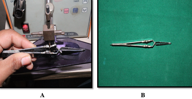 A) welding the palatal sheath to tweezer B) tweezer with welded sheaths.