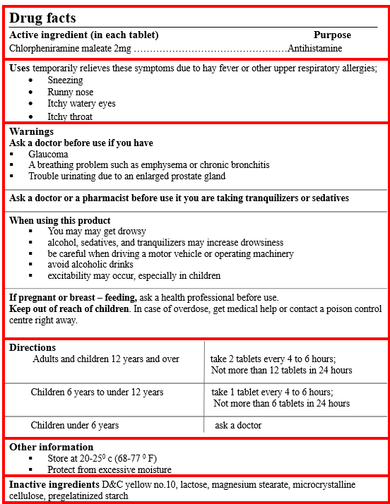 Model of OTC drugs label as per USA guidelines.