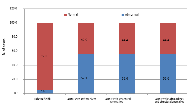 Distribution of incidence of abnormal karyotype according to the diagnosis of AHNB along with isolated or associated with soft markers and/or structural anomalies