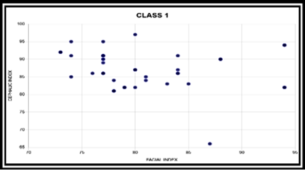 Correlation between the cephalic index and facial index in Class I patients (-0.28).