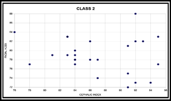 Correlation between the cephalic index and facial index in Class II patients (-0.15).