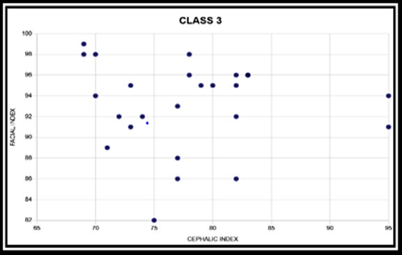 Correlation between cephalic index and facial index in Class III patients (-0.08).