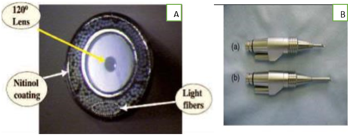 a: 2.7mm lens diameter, a 70º angulation, and a 3 cm long rod-lens endoscope b: 4mm lens diameter, a 30º angulation a 4 cm long rod-lens endoscope