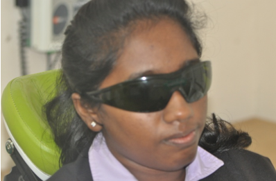 Patient with the protective eyewear