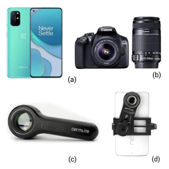 Materials used in study; a: One Plus 8t Phone; b: DSLR 1300 D; c: Dermlite DL4W; d: Universal adapter
