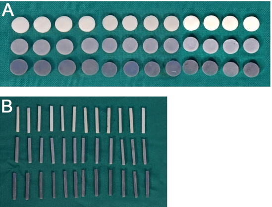 A: Round Specimens for testing Surface Roughness & Microhardness; B: Rectangular Specimens for testing Flexural strength