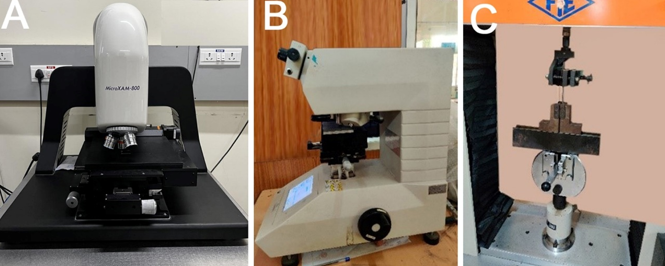 A: 3 D Optical Profilometer; B: Microhardness Indenter; C: Universal Testing Machine