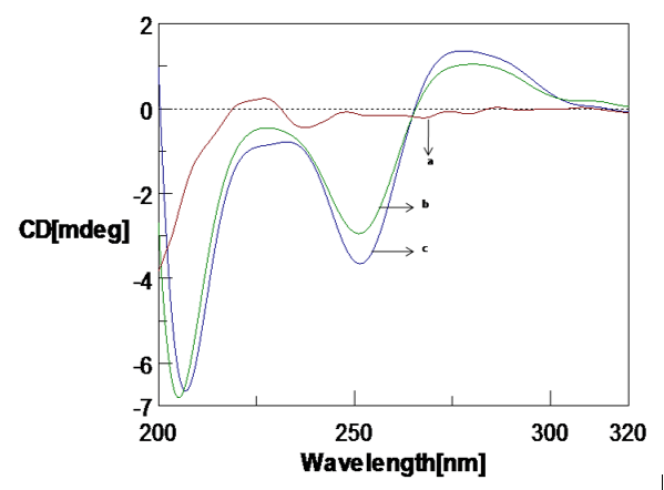 CD spectra of Poly (GC) with Amyloid β(1-16) peptide a. Amyloid β(1-16) peptide b. Poly (GC) sequence, c. Poly (GC) sequence with Amyloid β(1-16) peptide( 10µM)