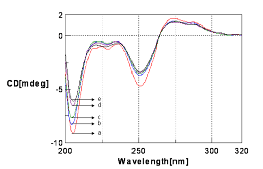 CD spectra of Poly (GC) sequence with Aβ1-16 and with varying time. a. Poly (GC), b. Poly (GC) +Aβ1-16, c. Poly (GC) +Aβ1-16 (24 hrs), d. Poly (GC) +Aβ1-16 (48 hrs), e. Poly (GC) +Aβ1-16 (72 hrs) 