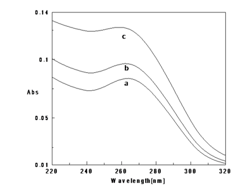 UV absorption spectra of Poly (GC) sequence with copper chloride in 5mM Tris-HCl buffer (pH.7.4) a. Poly (GC), b. Poly (GC) +10μM CuCl2, c. Poly (GC) +50μM CuCl2.