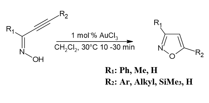 Synthesis of 3-, 5-, or 3,5-disubstituted isoxazole using AuCl3