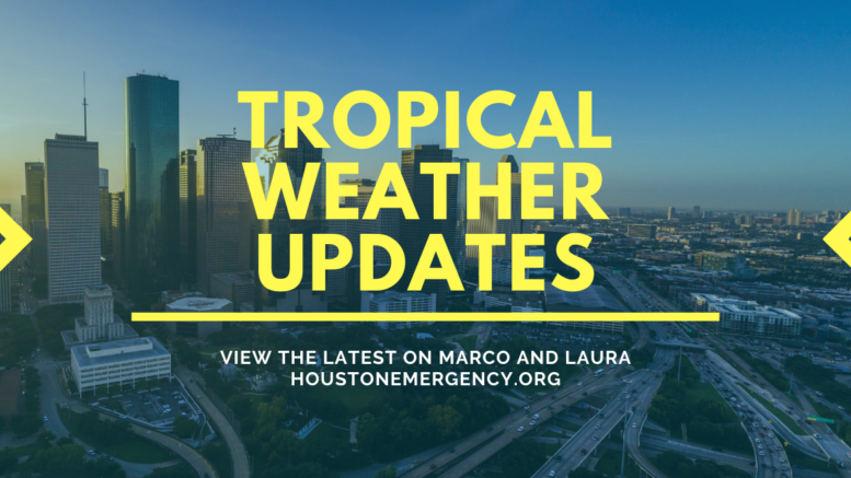 A graphic that says "Tropical Weather Updates: view the latest on Marco and Laura, houstonemergency.org". The Houston skyline is seen in the background, and stylized arrows on the side point to the text in the center.