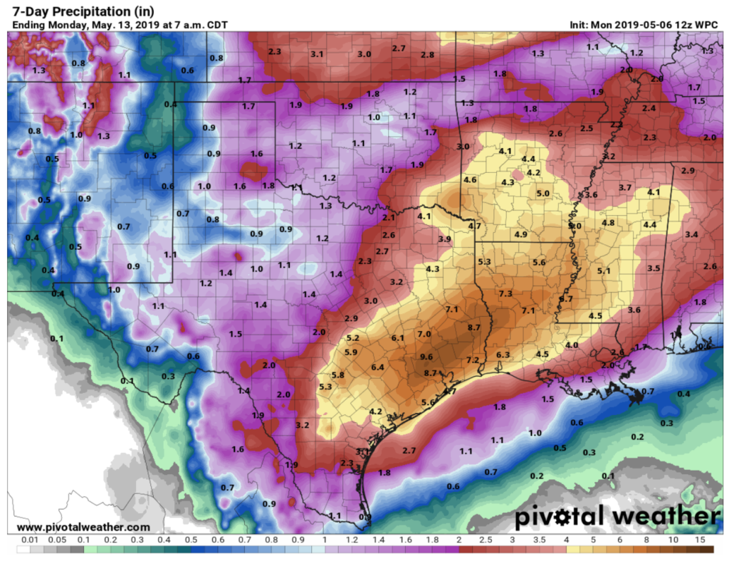 pivotalweather map showing forecast presipitation this week, with 5-8 inches in immediate Brazos river watershed