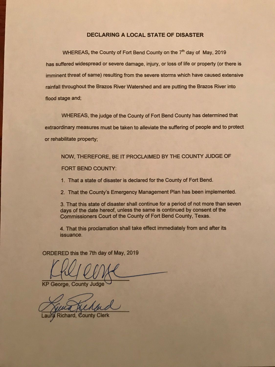 fort bend county disaster declaration may 7 2019