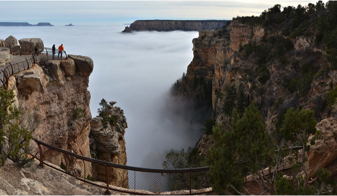 Clouds flooding the Grand Canyon due to temperature inversion. Photo by Maci MacPherson, National Park Service.