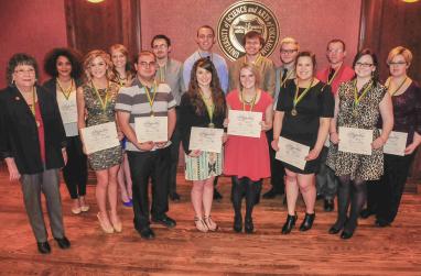 The fourteen students inducted into Hypatia pose for a picture.