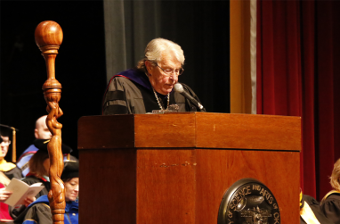President Feaver delivering the 2015 fall commencement address.
