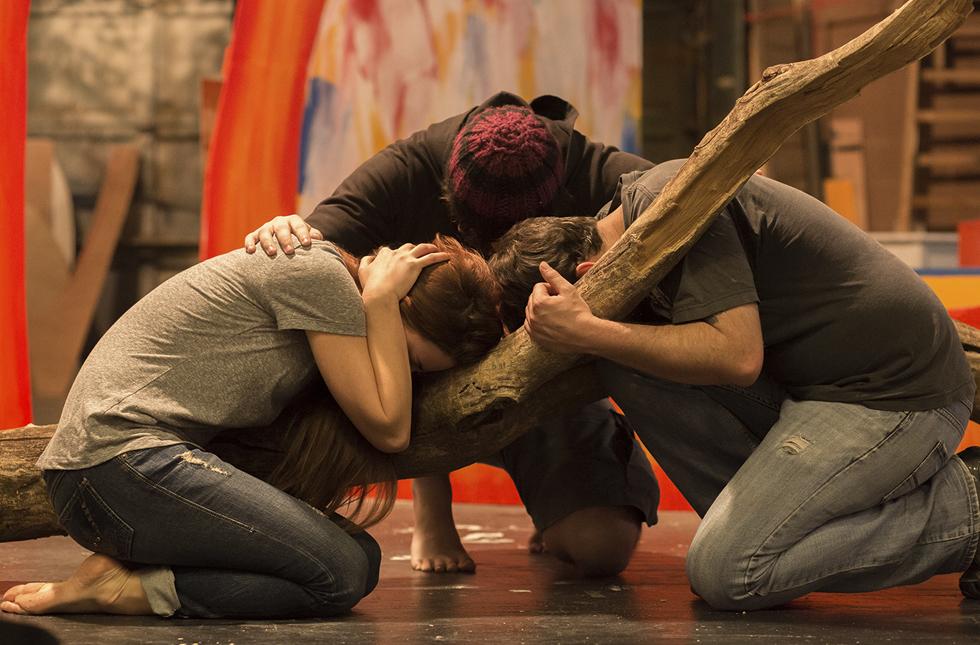 USAO students (from left) Morgan Knapp, Tristan Mars and Brian Coburn rehearse for an upcoming performance of Coburn’s autobiographical play Twisted Trees.